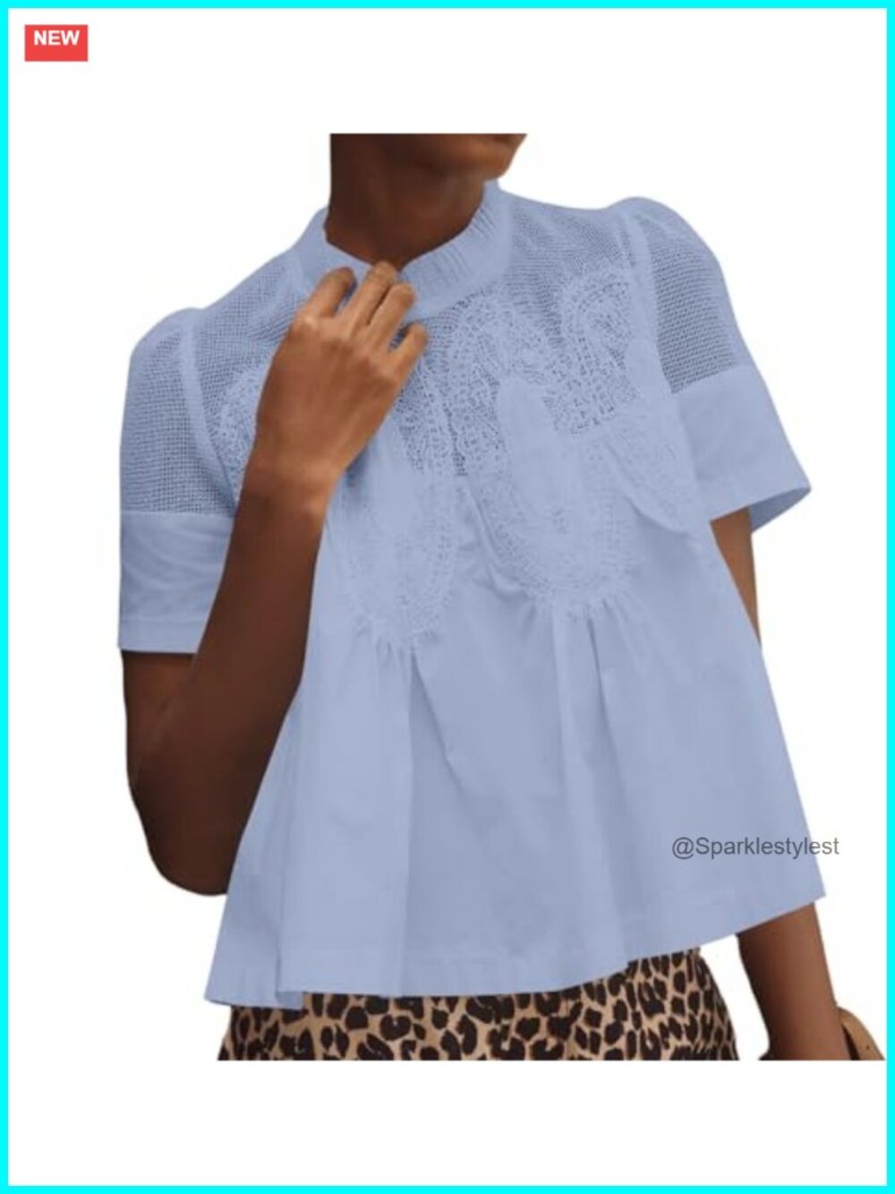 Lace Flared Short Sleeve Blouse Ruffle Mesh Crew Neck Swing Top